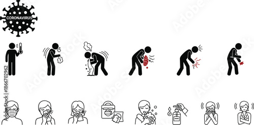 Coronavirus symptoms and prevention icons, COVID-19 vector set, health safety measures, virus signs, hygiene illustration, medical awareness