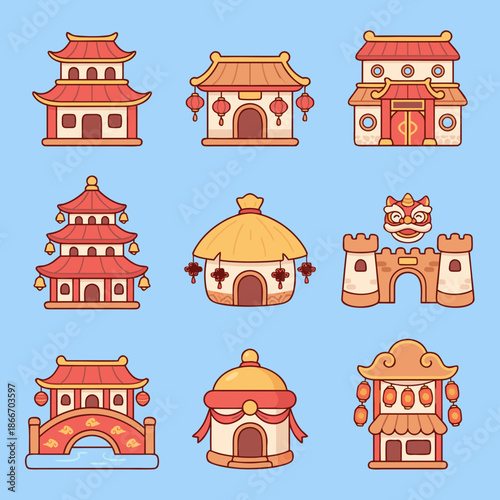 Set of various traditional Chinese buildings and architectural elements in a cute cartoon style.