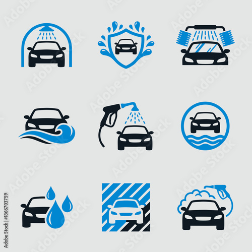 Set of nine car wash service icons with various cleaning processes and symbols in blue and black colors.