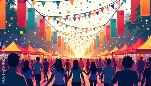 Kaleidoscopic Urban Street Festival Art Vector with Vibrant Crowd Celebration