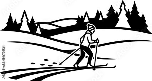 Serene cross-country skiing adventure in minimalist black and wh
