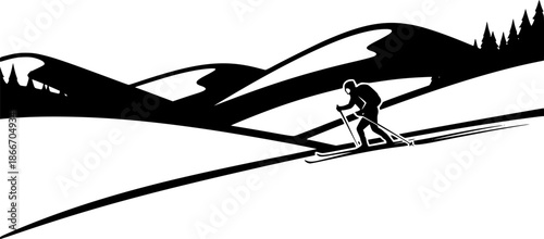 Serene cross-country skiing adventure in minimalist black and wh
