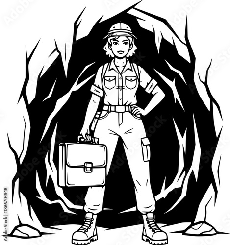 Monochrome adventure woman explorer in cave entrance with briefc
