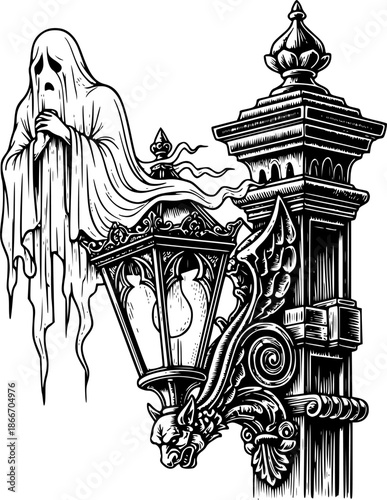 Engraved illustration of a ghostly apparition perched atop ornat
