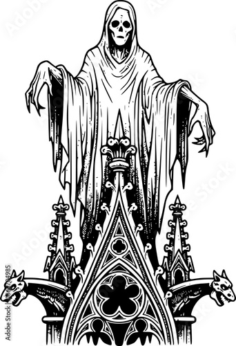Engraved illustration of a ghostly apparition perched atop ornat

