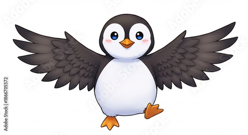 可愛らしいペンギンが羽を大きく広げて元気いっぱいに飛び跳ねるイラスト白い背景が明るく楽しい雰囲気を強調する. AI Generated