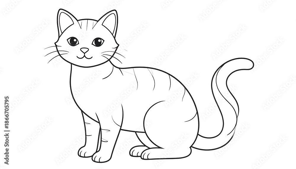 Obraz premium Cute cat drawing with stripes and whiskers, sitting and looking.