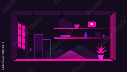 Modern living room with decorative shelves