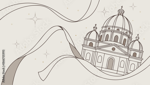 Illustrated cathedral under starlit sky