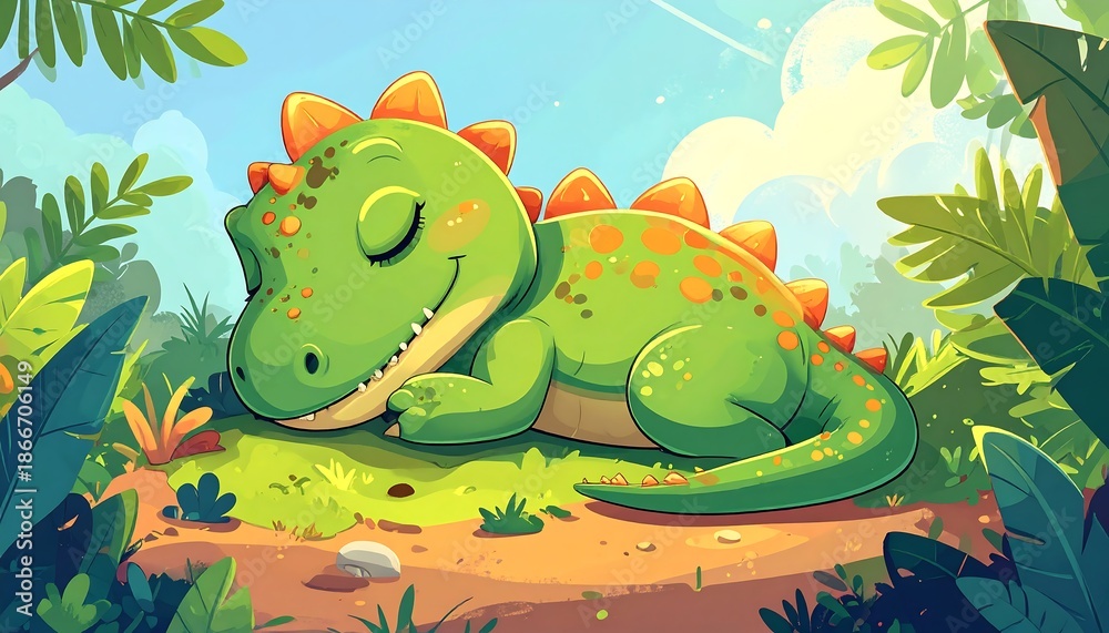 Fototapeta premium Cute Baby Dinosaur Sleeping Peacefully in a Lush Green Forest.