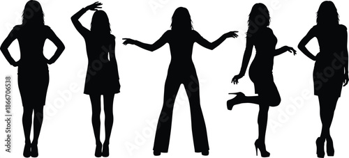 Stylish women silhouette poses collection, fashion female figures standing and dancing, elegant lady outlines, modern vector illustration isolated on white background