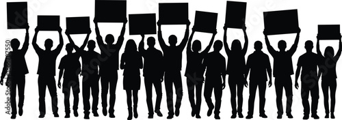 Protest crowd silhouettes holding blank placards, public demonstration and social movement concept, activists standing together in unity, black and white vector illustration design