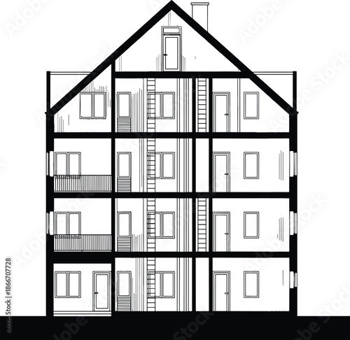 Residential apartment building cutaway vector illustration, house interior floor plan with rooms and staircases, architectural housing structure diagram, black and white, isolated