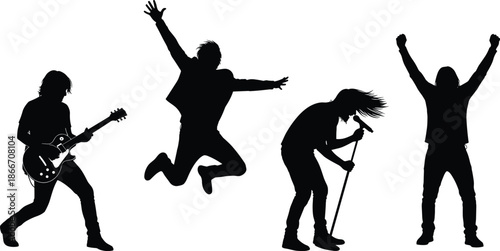 Rock band silhouette performance with guitarist, singer, jumping musician and cheering crowd, live concert energy, music festival, dynamic stage action vector illustration