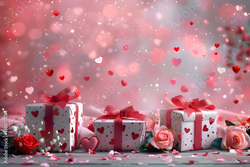 gift boxes heart-patterned paper and red ribbons Valentine Day