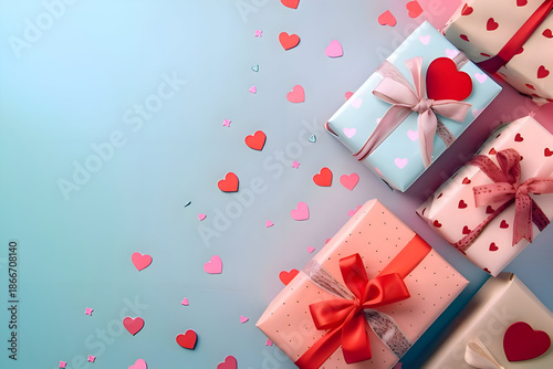 gift boxes with red hearts on colorful pastel background