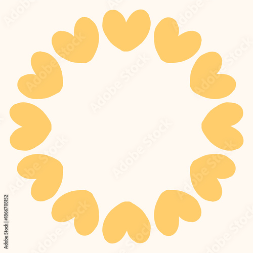 Simple circular frame made of bold yellow heart shapes arranged in a clean, modern ring. Minimal and playful design perfect for Valentines Day, love themed graphics, cards, stickers, and invitations