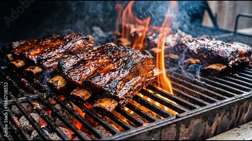 Grilled Ribs on Grill with Flames and Smoke in Outdoor Setting Close Up