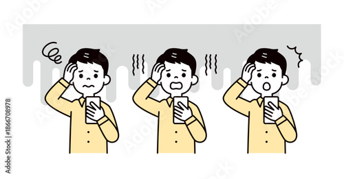 スマートフォンの画面を見て、困る・悩む・驚く若い男性のシンプルな上半身ベクターイラスト素材