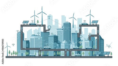 Futuristic city skyline powered by renewable energy sources.