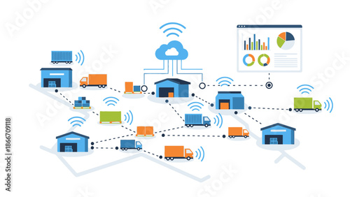 Network of warehouses and delivery trucks connected digitally.