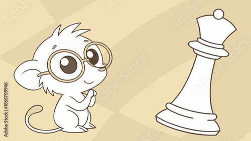 Mouse with glasses observing a chess piece