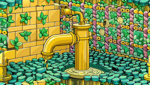 Golden faucet amidst colorful rocks