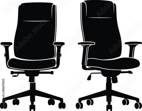 Office chair silhouette vector illustration set, modern ergonomic swivel chairs on wheels, professional workplace furniture icons, black and white design, isolated