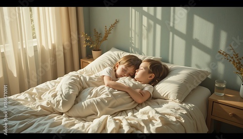 Two Children Sleeping Peacefully in Bed Sunlight Streaming Through Window