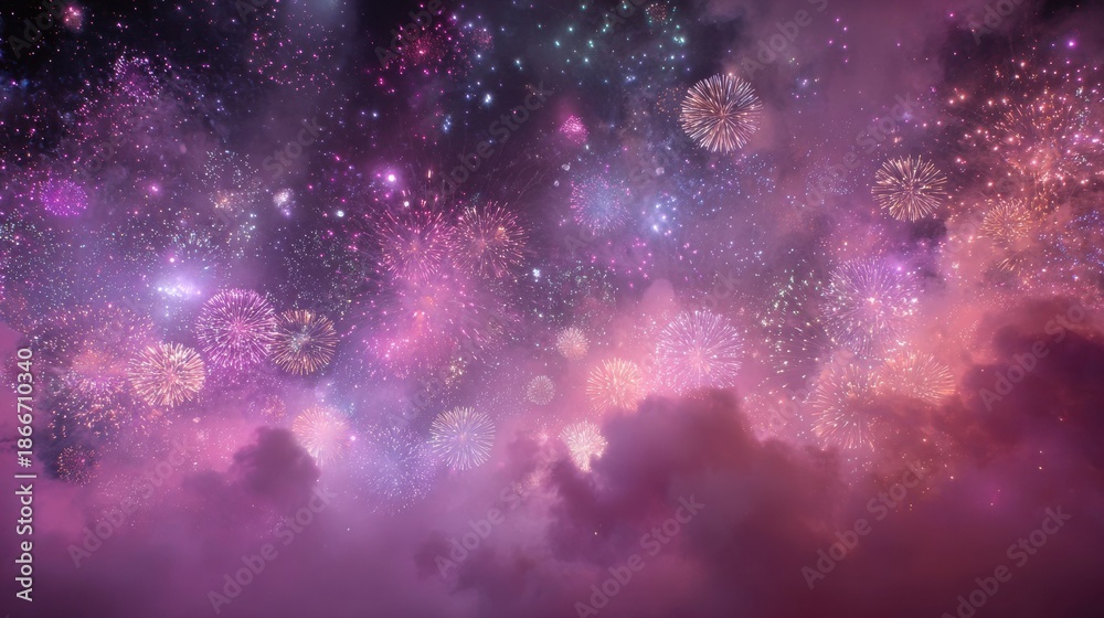 Fototapeta premium Celebration in the Night Sky With Fireworks Lighting up the Clouds During Chinese New Year Festivities