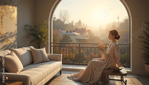 Woman Drinking Coffee on Balcony with Sunrise View