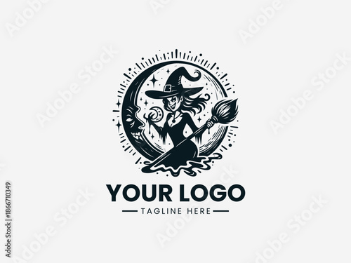 naughty witch holding moon black vector logo