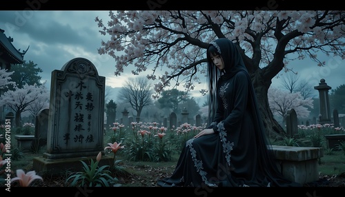 Woman in Black Gown Sitting in Cemetery with Cherry Blossoms