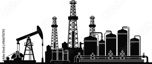 Oil and gas refinery silhouette vector illustration, offshore drilling rigs, pump jack and industrial processing plant, petroleum energy production infrastructure isolated on white background