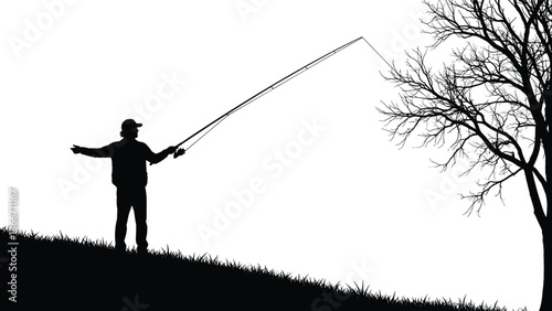 Peaceful fisherman casting rod silhouette vector illustration, outdoor fishing scene on grassy hill near bare tree, minimalist nature landscape design