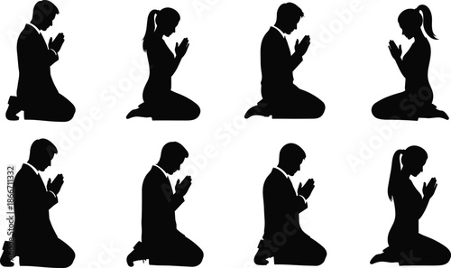 People praying on knees silhouette collection, religious worship and spiritual meditation poses, faith devotion concept, men and women prayer set, black vector illustration