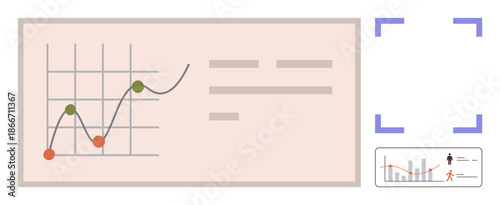 Business analytics, data trends, financial reports, market insights, performance tracking, statistical analysis. A chart with rising and falling data points. Business analytics and data trends