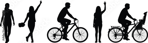 People silhouettes everyday activities collection, walking waving cycling figures, urban lifestyle and leisure scenes, human motion variety, black and white vector illustration