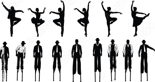 People silhouettes set with dancers and stilt walkers, black vector illustration showing artistic poses, performers and entertainers, circus, ballet and stage performance concept