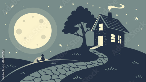 Cozy cottage under the moonlight