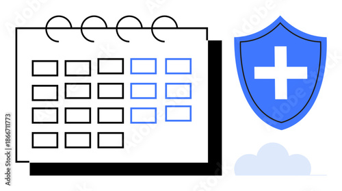 Healthcare management, online booking, medical appointments, safety, protection, scheduling. A calendar next to a shield with a cross symbol. Healthcare management and online booking concept