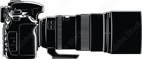 Professional DSLR camera with telephoto lens silhouette, black vector illustration of modern photography equipment, digital imaging technology concept, isolated on white background
