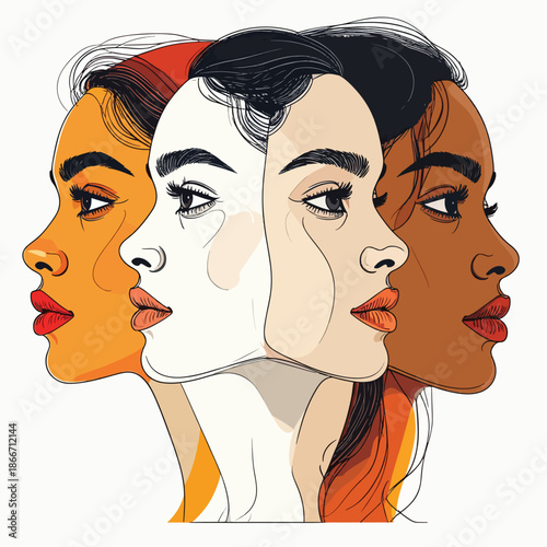 Diverse Women's Faces in Profile Illustration Highlighting Unity and Global Sisterhood