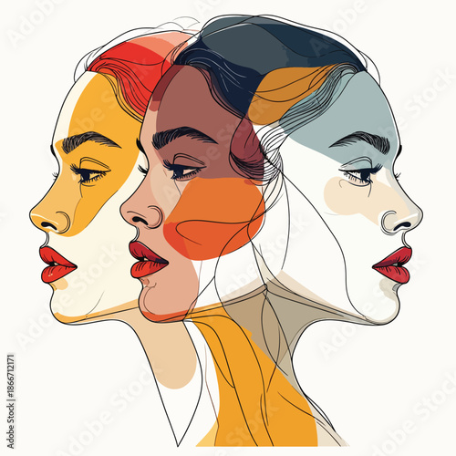 Abstract illustration of diverse women's profiles, showcasing overlapping identities and varied perspectives.