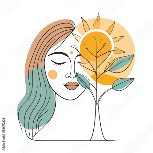 Abstract vector illustration of serene woman's face, plant, and sun, symbolizing growth and inner harmony.