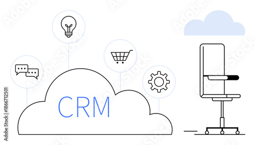 Business management, data analytics, collaboration tools, customer engagement, online shopping, technology integration. CRM text in a cloud with chat, light bulb, cart gear office chair icons