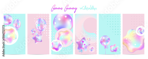 Gimme Gummy banner in princess color. Pink and mint kawaii background set. Illustrations of Festive balloons background with pastel mesh
