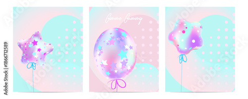 Gimme Gummy banner in princess color. Pink and mint kawaii background set. Illustrations of Festive balloons background with pastel mesh