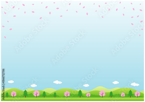春の空と山並み　桜が舞う横長背景イラスト