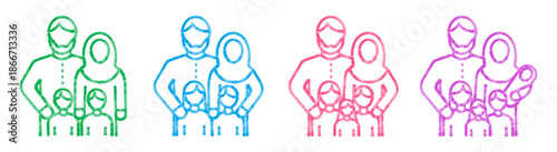 Colorful hand drawn Muslim family set in marker and felt tip pen style. Parents and children illustration. Islamic family scene with mother in hijab, father and kids. Childlike drawing isolated.